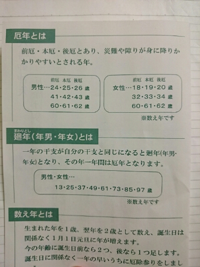 厄除けの年代一覧表