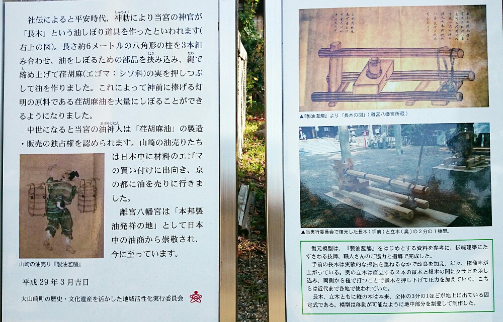 離宮八幡宮は精油発祥の地に関する説明板