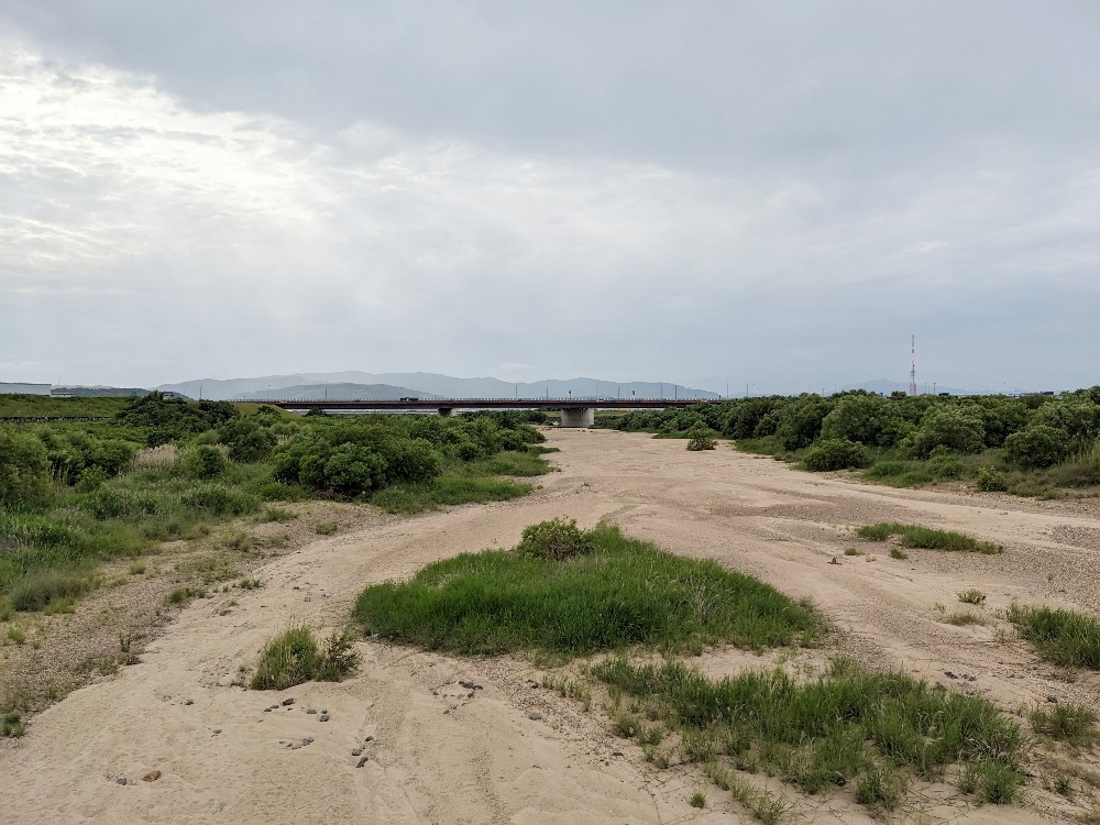 水が流れていない木津川のようす