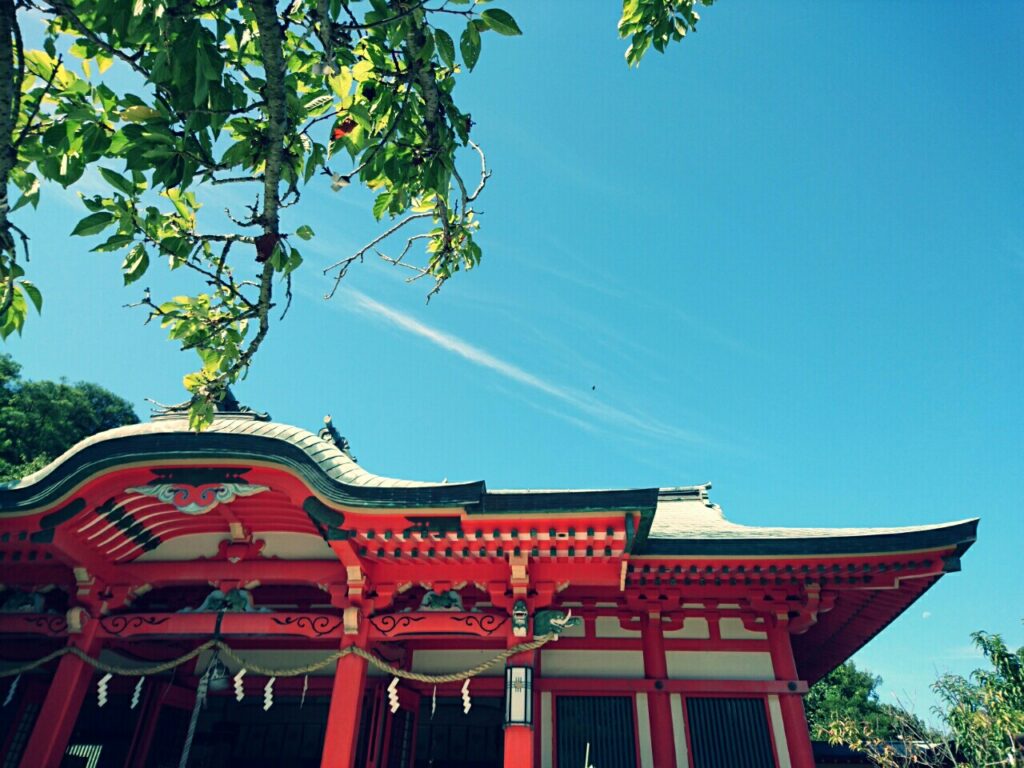 淡嶋神社本殿の頭上を横切る飛行機雲が