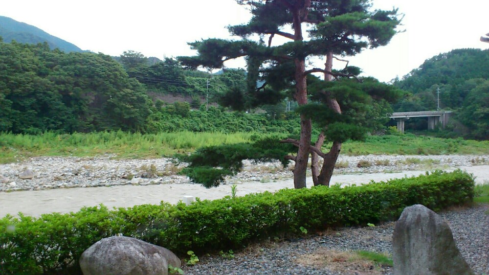 お食事処から外の風景が見え、愛知川が見える